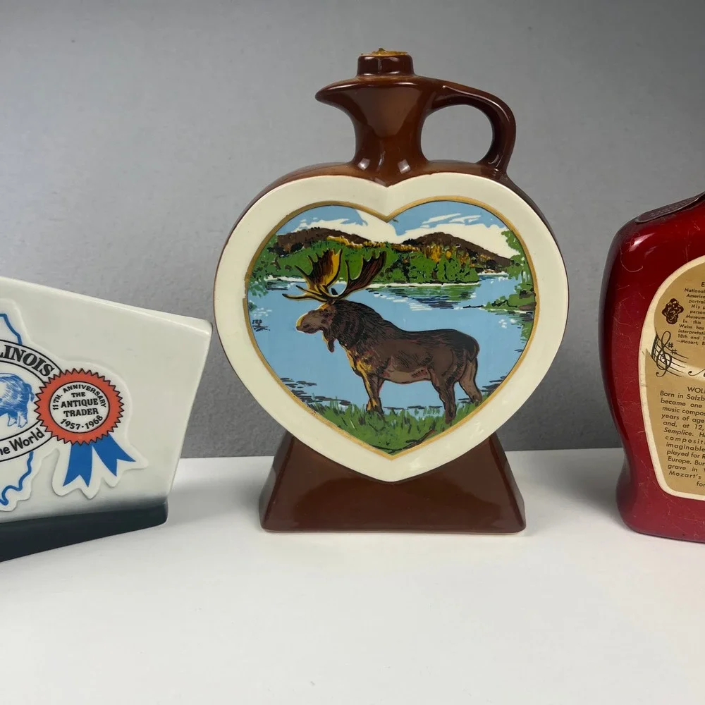 VTG Jim Beam Decanter Lot 3 Ceramic Moose Antique Trader Mozart Barware Kitsch